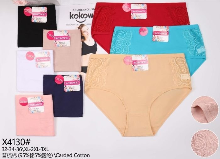 Жіночі труси "Kokowei" New Х-4130 cotton, р. ХL, 2XL, 3XL -(48, 50, 52) -асорті -(Однотонні з мереживом) -уп. 12 шт
