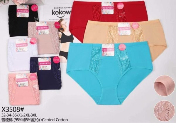 Жіночі труси "Kokowei" New Х-3508 cotton, р. ХL, 2XL, 3XL -(48, 50, 52) -асорті -(Однотонні з мереживом) -уп. 12 шт