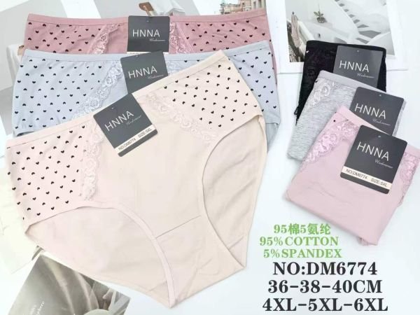 Жіночі труси "HNNA" DM-6774 cotton, р. 4XL, 5XL, 6XL -(50-52, 52-54, 54-56) -асорті -(Однотонні +з боків на вставках дрібні серця) -уп. 12 шт