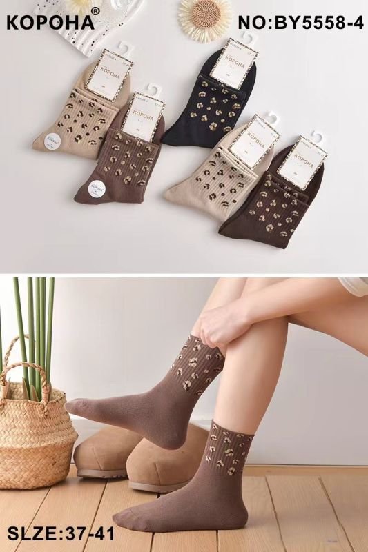 Шкарпетки "Корона" ВY-5558-4 стрейч/cotton жіночі, р. 37-41 -(Середні /однотонні +на широкій гумці в рельєфний рубчик леопардовий принт) -уп. 10 шт