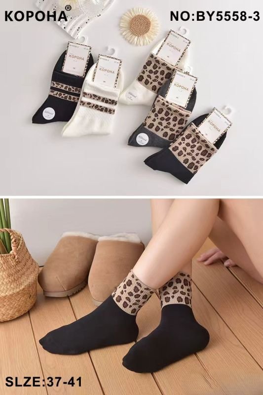 Шкарпетки "Корона" ВY-5558-3 стрейч/cotton жіночі, р. 37-41 -(Середні /однотонні +на широкій гумці в рубчик дві леопардові смужки +широкі вставки) -уп. 10 шт