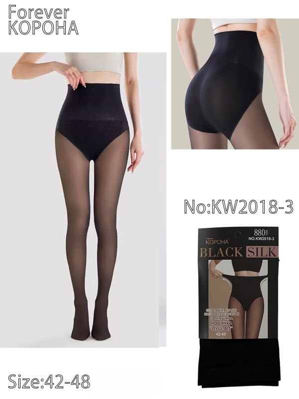 Колготки "Корона /SILK" KW-2018-3  гладкі капронові з ефектом голих ніжок на бежевій основі з імітацією тонких, щільність 880 den, зверху підтримуючі трусики з ефектом push-up, р. 42-48 -(чорні) -уп. 1 шт