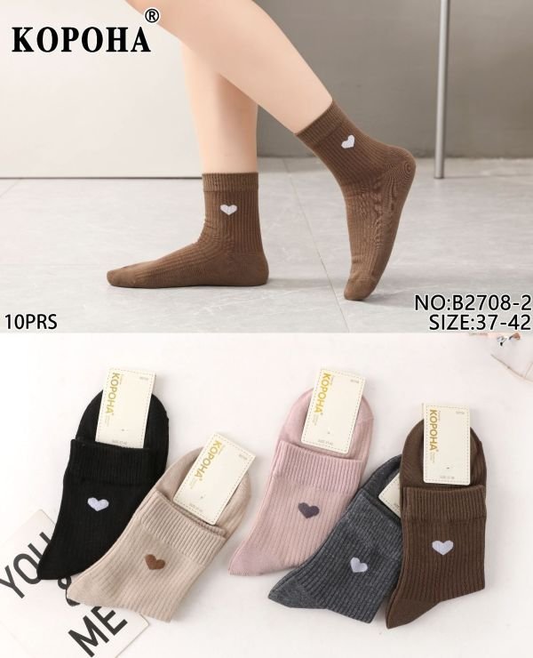 Шкарпетки "Корона" В-2708-2 стрейч/cotton жіночі, р. 37-42 -(Середні /однотонні в рубчик +збоку серце) -уп. 10 шт