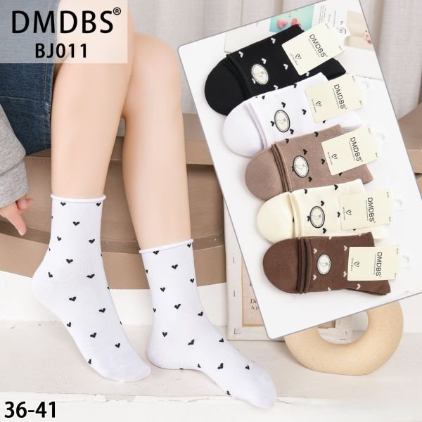 Шкарпетки "DMDBS" BJ-011 стрейч /cotton "з ослабленою гумкою +" жіночі, р. 36-41 -асорті -(Без резинки /високі -однотонні в дрібні серця  із закрученим верхом) - уп. 10 шт