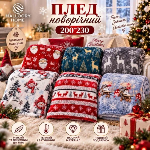 Плед /покривало "Новорічний мікс +сумка" 1809-50 -Євро мікрофібра велюр, р. 200*230 -(Мікс кольорів та візерунків БЕЗ ВИБОРУ!!!)