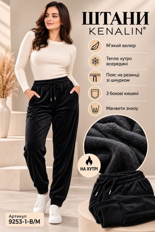 Прогулянкові штани "Kenalin" 9253-1-В /М велюрові на хутрі низ на манжеті, верх на резинці +з боків кишені, р. 3XL/4XL-(48-50), 4XL/5XL-(50-52), 5XL/6XL-(52-54), 6XL/7XL-(54-56) -(чорні)