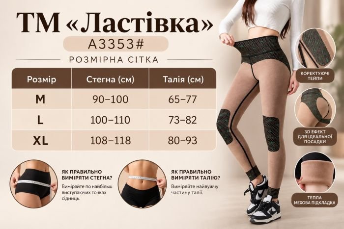 Лосини "Ластівка" А-3353 утеплені гладкі на збитому хутрі з коригуючою мембраною, тейпами та термонакладками на колінах +з широким поясом утяжкою +з підтяжкою живота та сідниць, р. M-(90-100 см), L-(100-110 см), XL-(108-118 см) -(чорні)